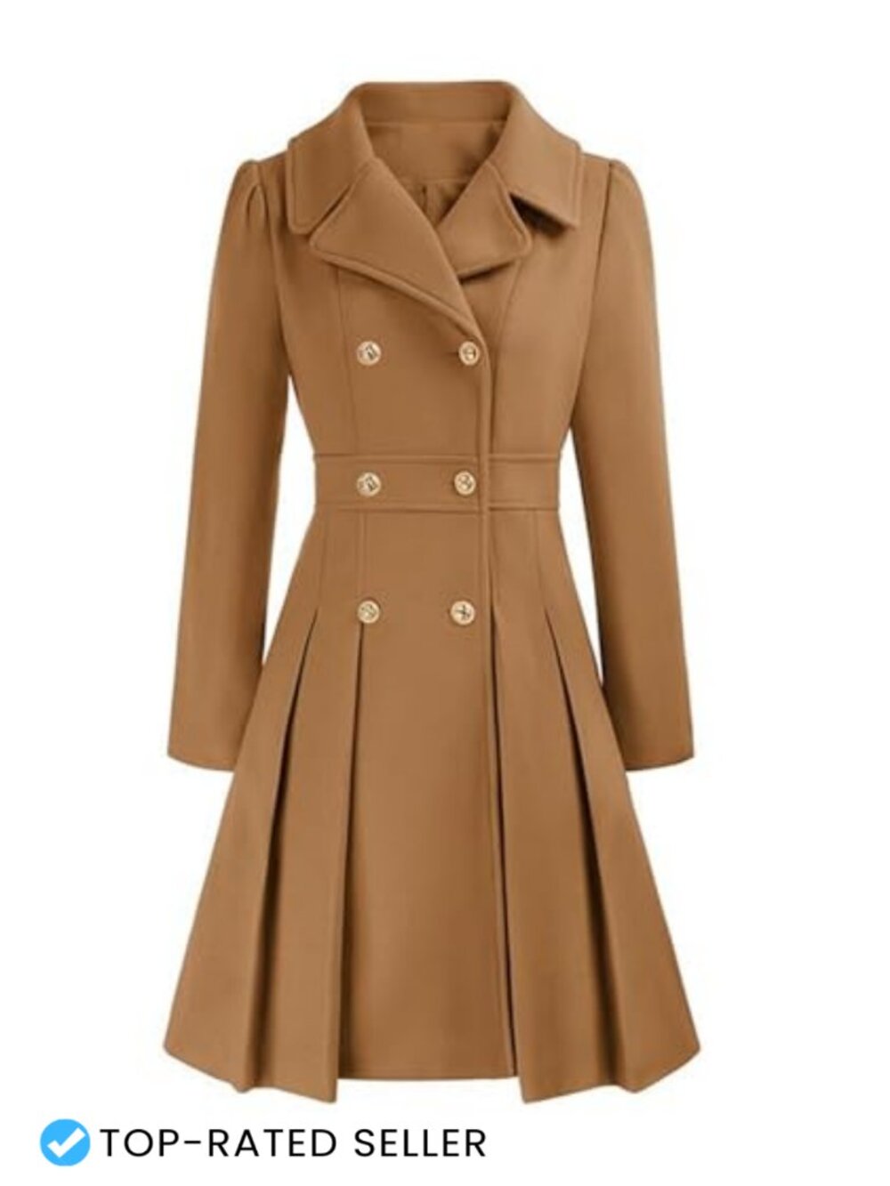 Wool Blend Double Breasted Trench Coat Notch Lapel A-Line Midi Pea Coat
